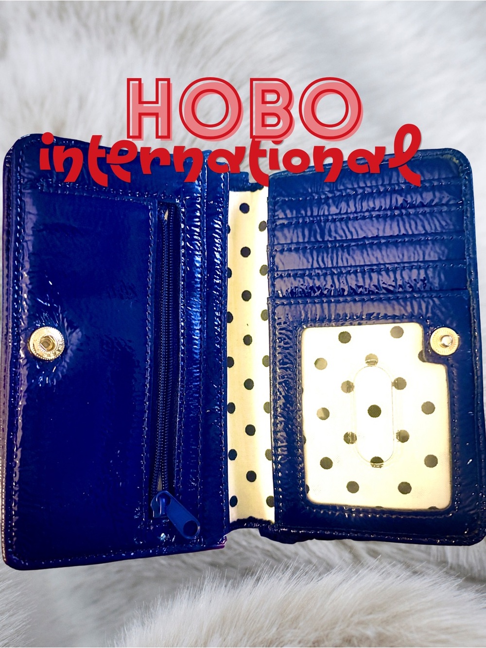 HOBO Patent Leather Bifold Wallet in Royal Blue with Polka Dot Lining